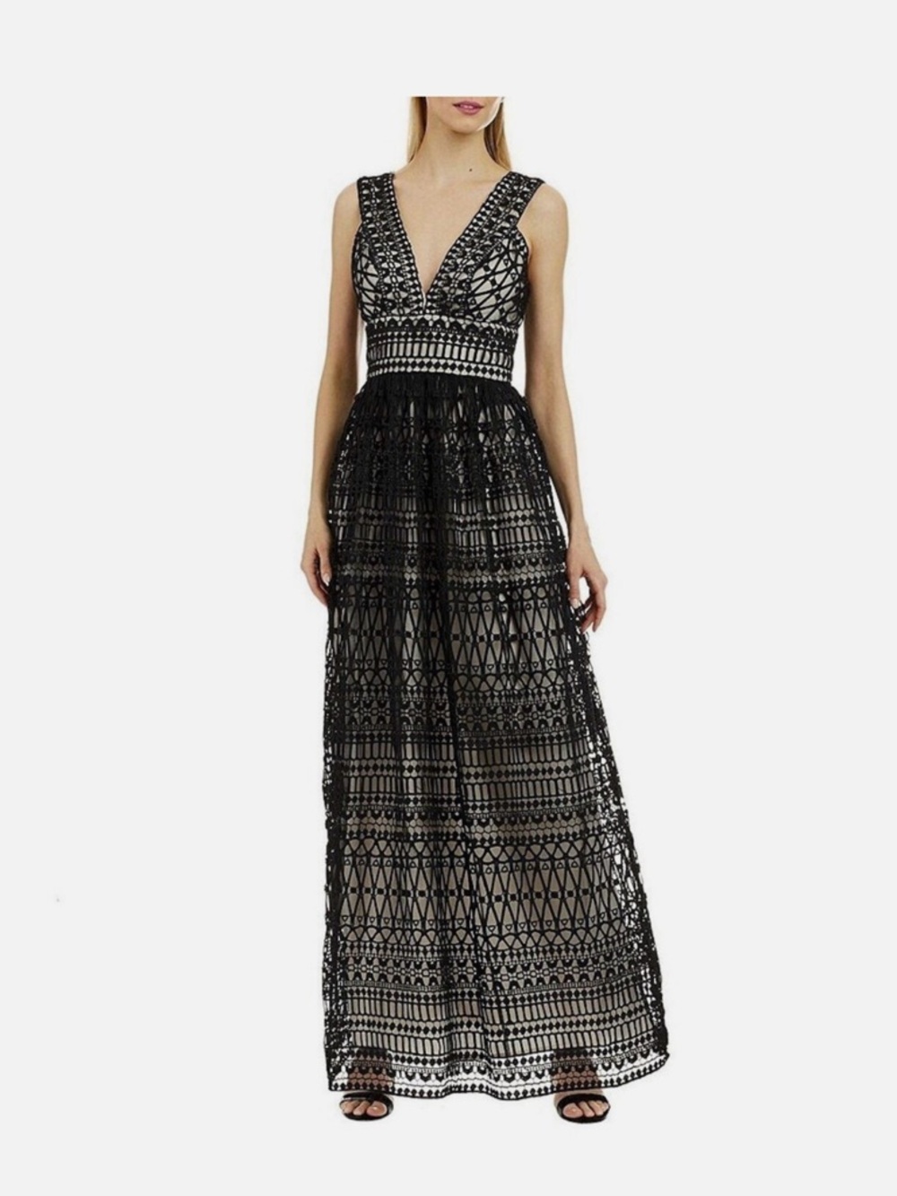 Nicole Miller Black Lace V-Neck Maxi Gown